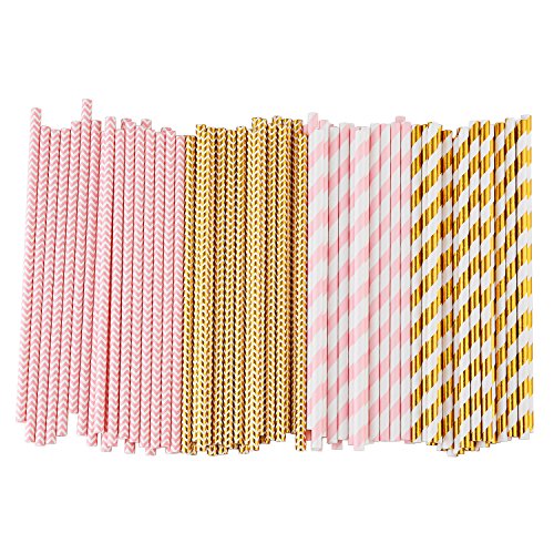  Biodegradable Paper Straws, 100 Pink Straws / Gold Straws For Party Supplies, Birthday, Wedding, Bridal / Baby Shower, Christmas Decorations And Holiday Celebrations