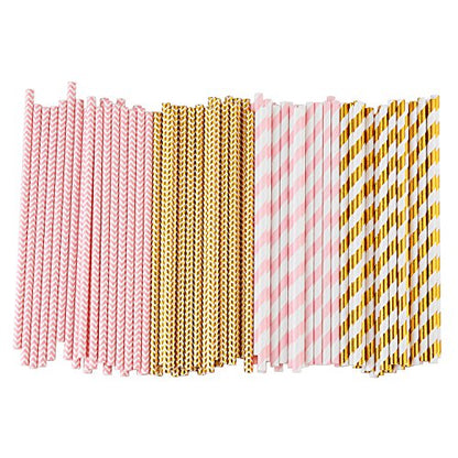  Biodegradable Paper Straws, 100 Pink Straws / Gold Straws For Party Supplies, Birthday, Wedding, Bridal / Baby Shower, Christmas Decorations And Holiday Celebrations