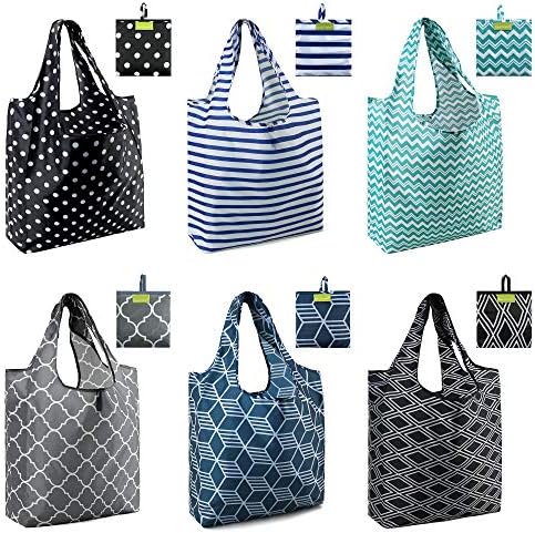  BeeGreen Shopping Bags Reusable Grocery Tote Bags 6 Pack XLarge 50LBS Ripstop Geometric Fashion Recycling Bags With Pouch Bulk Machine Washable Nylon Bags Black Gray Blue Navy Teal Christmas