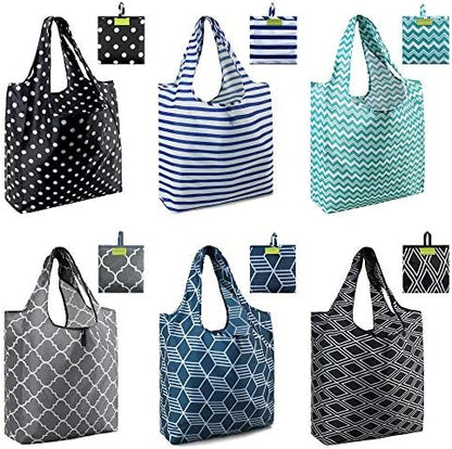  BeeGreen Shopping Bags Reusable Grocery Tote Bags 6 Pack XLarge 50LBS Ripstop Geometric Fashion Recycling Bags With Pouch Bulk Machine Washable Nylon Bags Black Gray Blue Navy Teal Christmas