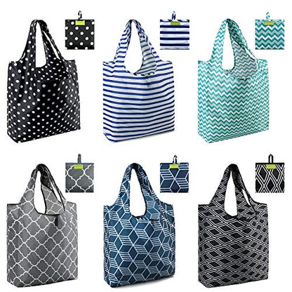  BeeGreen Shopping Bags Reusable Grocery Tote Bags 6 Pack XLarge 50LBS Ripstop Geometric Fashion Recycling Bags With Pouch Bulk Machine Washable Nylon Bags Black Gray Blue Navy Teal Christmas