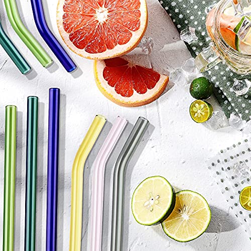  8 Pcs Reusable Glass Straws, 8"x8mm Eco-friendly Drinking Straws For Smoothie, Milkshakes, Tea, Juice, Cocktail Straws, Multi-Color Mixed (8Pcs Bent)