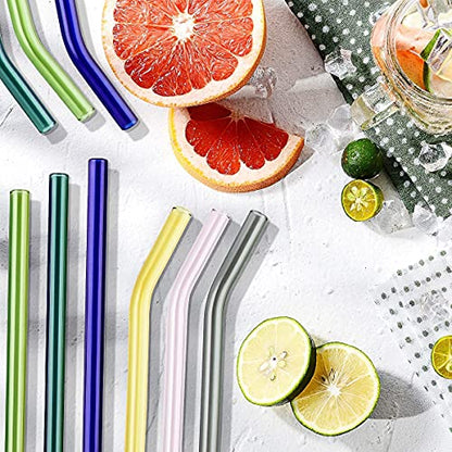  8 Pcs Reusable Glass Straws, 8"x8mm Eco-friendly Drinking Straws For Smoothie, Milkshakes, Tea, Juice, Cocktail Straws, Multi-Color Mixed (8Pcs Bent)