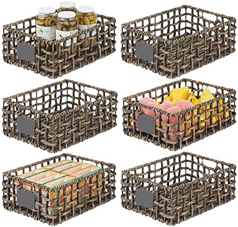  MDesign Hyacinth Open Weave Kitchen Cabinet Pantry Basket With Built-in Chalkboard Label For Organizing Kitchen Pantry, Cabinet, Cupboard, Shelves - Holds Food, Drinks, Snacks, 6 Pack - White Wash