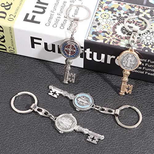  4Pcs Saint Benedict Medal Keychain, St Benedict Medals Key Chain, Saint Benedict Jubilee Medal, Cross Protection Key Shaped Keychain, Exorcism Medal Christian Sacramental Medal Keyring