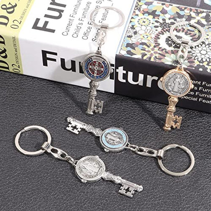  4Pcs Saint Benedict Medal Keychain, St Benedict Medals Key Chain, Saint Benedict Jubilee Medal, Cross Protection Key Shaped Keychain, Exorcism Medal Christian Sacramental Medal Keyring