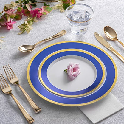  Blue And Gold Rim Plastic Dinnerware (200-Piece) Plastic Plates, Plastic Cutlery, Plastic Cups And Guest Towels - Service For 25 Guests Place Setting For Wedding, Party, Baby Shower, Birthday, Holiday