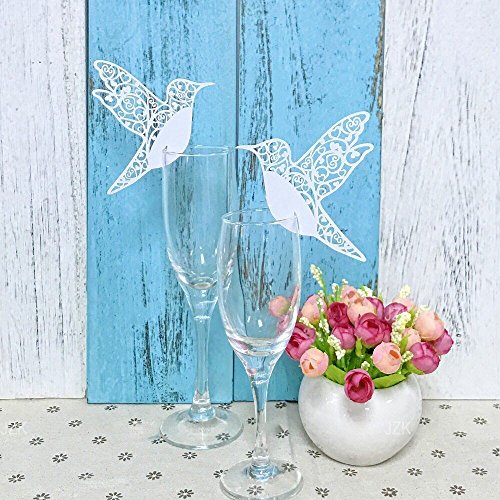  (White Bird On Wineglass) - JZK 50 X Pearly White Place Holder Table Name Card Cards For Wedding Baby Shower Holy Communion Birthday Party (White Bird On Wineglass)