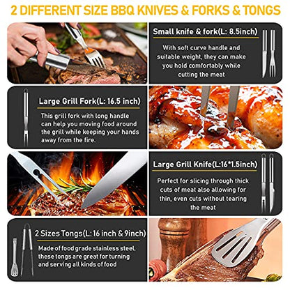  34Pcs Grill Accessories Grilling Gifts For Men, 16 Inches Heavy Duty BBQ Accessories, Stainless Steel Grill Tools With Thermometer, Grill Mats For Backyard, BBQ Gifts Set For Men Women