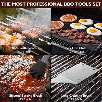  Grill Set, Grill Tools, Grill BBQ Accessories, Grilling Gifts For Men, 34PCS BBQ Tools For Outdoor Grill With Aluminum Case, Spatula,Tongs &Skewers,Smoker Accessories For Birthday, Dad, Wedding