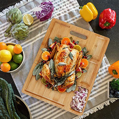  Original Bamboo Cutting Board(3 Piece Set) With Handle For Kitchen, With Built-In Compartments And Juice Grooves, Heavy Duty Chopping Board Serving Tray, Butcher Block, Carving Board…