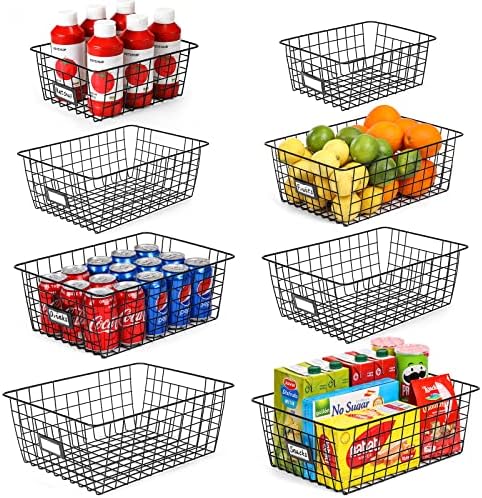  6 Pack [ Extra Large ] Wire Storage Baskets For Organizing With Lables, Pantry Organization Bins For Cabinets - Metal Basket For Kitchen, Laundry, Garage, Fridge, Bathroom Countertop Organizer, Black