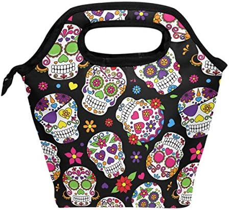  Lunch Bag Sugar Skull Flowers Rose Daisy Insulated Cooler Thermal Lunch Bag Box For Kids School Children Students Girls Boys Mexican Day Of The Dead Skull Love Heart Lunch Box Handbag Woman Man
