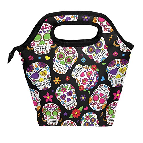  Lunch Bag Sugar Skull Flowers Rose Daisy Insulated Cooler Thermal Lunch Bag Box For Kids School Children Students Girls Boys Mexican Day Of The Dead Skull Love Heart Lunch Box Handbag Woman Man
