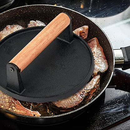  Cast Iron Burger Press, 7 Inch Round Heavy Duty Bacon Meat Steak Grill Press With Wooden Handle, Heat Proof, Rust Resistance, Griddle Accessorie Burger Smasher For BBQ Flat Top Teppanyaki