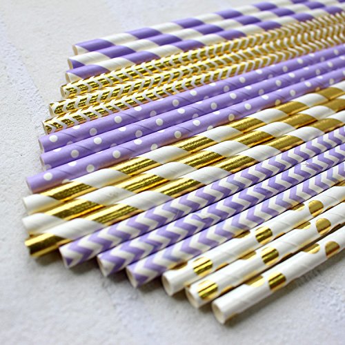  PALMAY Purple And Gold Biodegradable Drinking Paper Straws, Striped Polka Dot Chevron, 7.75 Inches, Pack Of 150