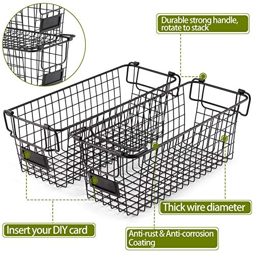  4 Pack [ XL Large ] STACKABLE Wire Baskets For Organizing - Pantry Storage And Organization Metal Bins For Produce, Food, Fruit - Kitchen Bathroom Closet Cabinet, Countertop, Under Sink Organizer