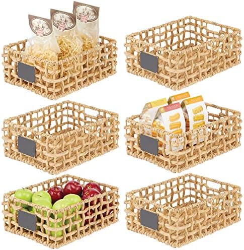  MDesign Hyacinth Open Weave Kitchen Cabinet Pantry Basket With Built-in Chalkboard Label For Organizing Kitchen Pantry, Cabinet, Cupboard, Shelves - Holds Food, Drinks, Snacks, 6 Pack - White Wash