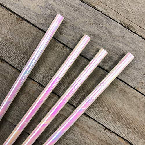  Iridescent Foil Paper Straws - White Pearl - Wedding Valentine Holiday Supply - 7.75 Inches - 100 Pack
