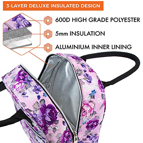  PUX Insulated Lunch Box Women, Lunch Bag Tote Girls Kids Teen Adult, Cute Soft Lunch Cooler Container Work School, Reusable Thermal Food Meal Prep Organizer Lunch Pail Travel Beach, Floral Purple