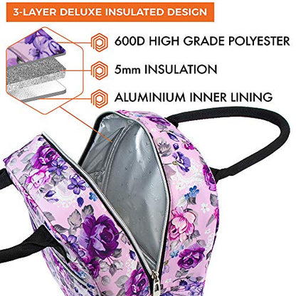  PUX Insulated Lunch Box Women, Lunch Bag Tote Girls Kids Teen Adult, Cute Soft Lunch Cooler Container Work School, Reusable Thermal Food Meal Prep Organizer Lunch Pail Travel Beach, Floral Purple