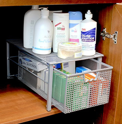  Mesh Cabinet Basket Organizer With Split Card, Silver (Large - 10 X 15.8 X 7.5)