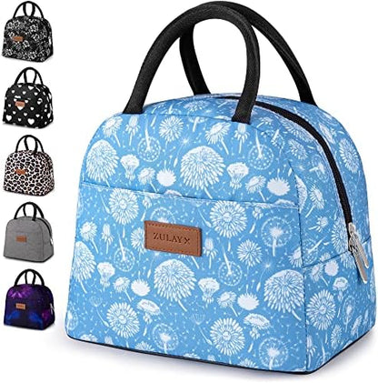  Insulated Lunch Box For Women - Tote Lunch Bag Women Insulated With Soft Padded Handles - Cute Lunch Bags For Women, Teens, Men - Ideal For Work, School, Picnics (Blue With Pink Flowers)
