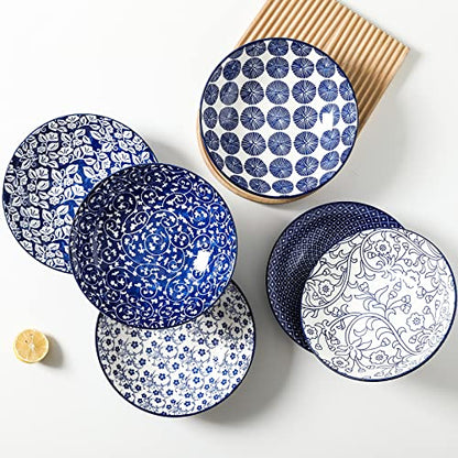  Porcelain 40oz Large Bowls 9 Inch Big Pasta Salad Bowls, Microwave And Oven Safe, Vintage Blue, Set Of 6
