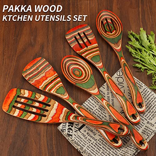  Wooden Spoons For Cooking, WOSPONFAN Kitchen Utensils Set, Pakkawood Kitchen Cooking Utensils Set, Apartment Essentials Wood Serving Spatula Spoon, Salad Tongs, Home & Kitchen Gift For Women
