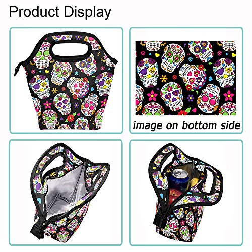  Lunch Bag Sugar Skull Flowers Rose Daisy Insulated Cooler Thermal Lunch Bag Box For Kids School Children Students Girls Boys Mexican Day Of The Dead Skull Love Heart Lunch Box Handbag Woman Man