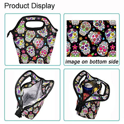  Lunch Bag Sugar Skull Flowers Rose Daisy Insulated Cooler Thermal Lunch Bag Box For Kids School Children Students Girls Boys Mexican Day Of The Dead Skull Love Heart Lunch Box Handbag Woman Man