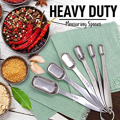  Measuring Spoons Set - 6 Piece Stainless Steel Measuring Spoons - Easy To Read, Etched Markings & Slim Design For Narrow Spice Jars - Heavy Duty Tablespoon Measure Spoon With Removable Clasp