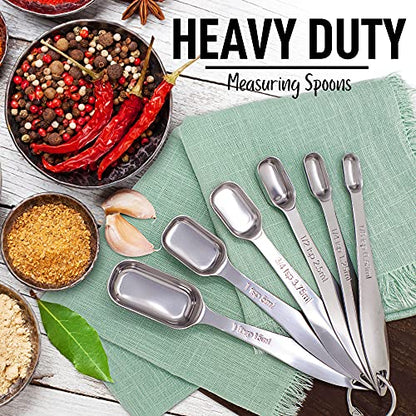  Measuring Spoons Set - 6 Piece Stainless Steel Measuring Spoons - Easy To Read, Etched Markings & Slim Design For Narrow Spice Jars - Heavy Duty Tablespoon Measure Spoon With Removable Clasp
