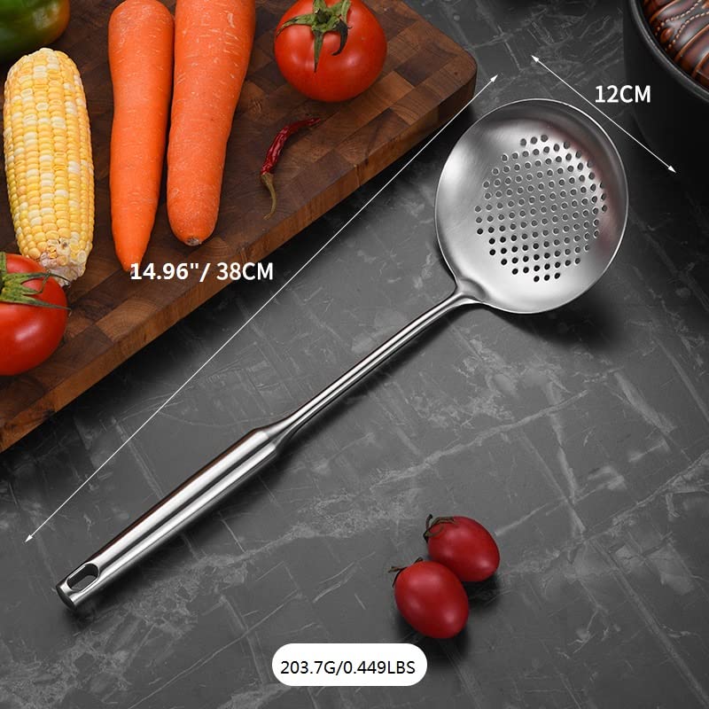  Kimmer Spoon Stainless Steel 304 Slotted Colander Strainer Ladle For Cooking Professional Heat Proof Hollow Handle Dishwasher Safe 14.96 Inches