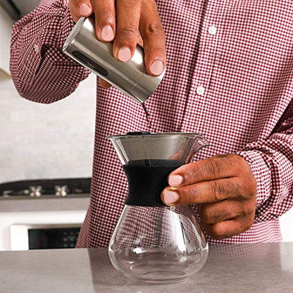  LEZIP Pour Over Coffee Maker Set With Reusable Stainless Steel Drip Filter Elegant Coffee Dripper Pot Glass Carafe & Permanent Stainless Steel Filter