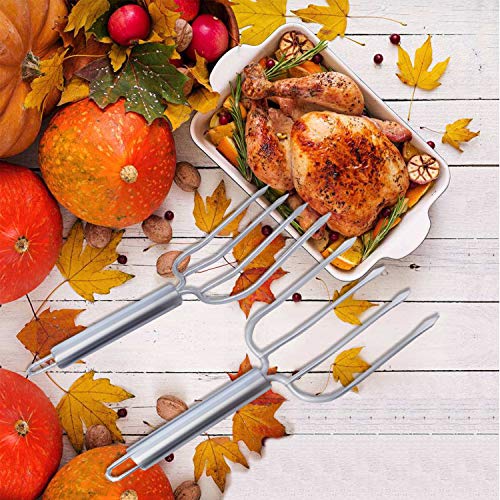  Tainless Steel Turkey Fork Set Of 2.- Transfer Chicken Or Ham Poultry Lifters Easily, Four Needle Meat Fork, Professional Carving Roaster Poultry Forks