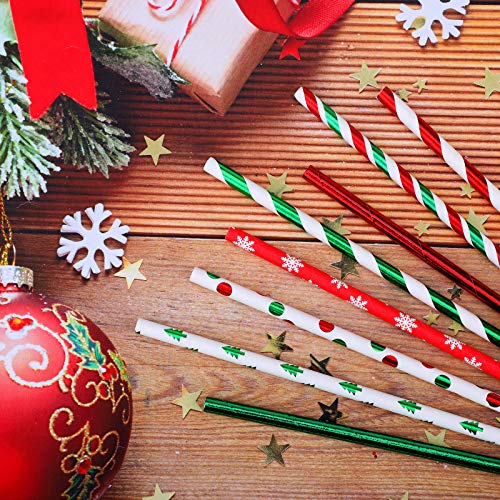  200 Pieces Christmas Foil Paper Straws Red Green White Stripe And Dots Christmas Tree Snowflake Biodegradable Drinking Straws For Christmas Party Supplies, 8 Style