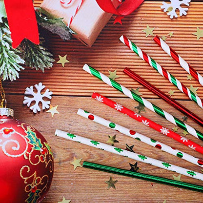  200 Pieces Christmas Foil Paper Straws Red Green White Stripe And Dots Christmas Tree Snowflake Biodegradable Drinking Straws For Christmas Party Supplies, 8 Style