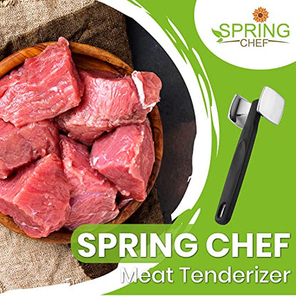  Spring Chef Meat Tenderizer, Heavy Duty Hammer Mallet Tool Chicken, Beef And Steak Pounder; Commercial Quality & Solid Construction, Dual Sided With Smooth & Textured Surface, Soft Grip Handle, Black