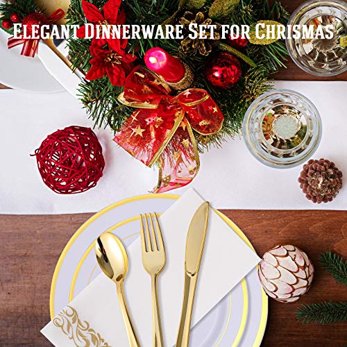  700 Piece Gold Dinnerware Set-200 Plastic Plates- 300 Gold Plastic Silverware-100 Gold Plastic Cups-100 Disposable Hand Towel- Disposable Gold Dinnerware Set For Halloween, Christmas, Thanksgiving