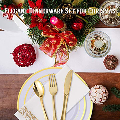  700 Piece Gold Dinnerware Set-200 Plastic Plates- 300 Gold Plastic Silverware-100 Gold Plastic Cups-100 Disposable Hand Towel- Disposable Gold Dinnerware Set For Halloween, Christmas, Thanksgiving