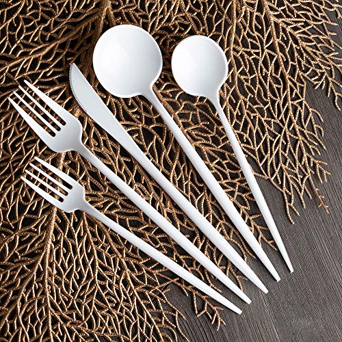  Novelty Modern Flatware, Cutlery, Disposable Plastic Salad Forks Luxury White 32 Count