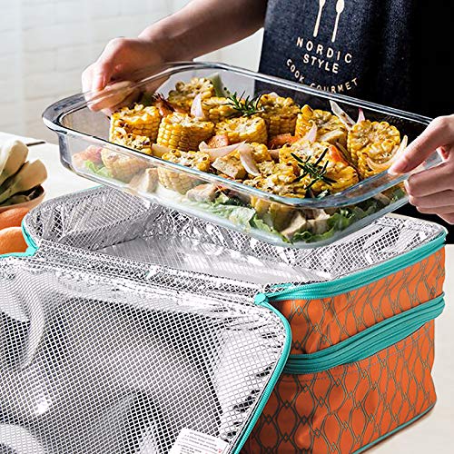 Insulated Double Casserole Carrier Thermal Lunch Tote For Potluck Parties, Picnic, Beach, Fits 9 X 13 Inches Casserole Dish, Expandable By Mid Zipper, Orange