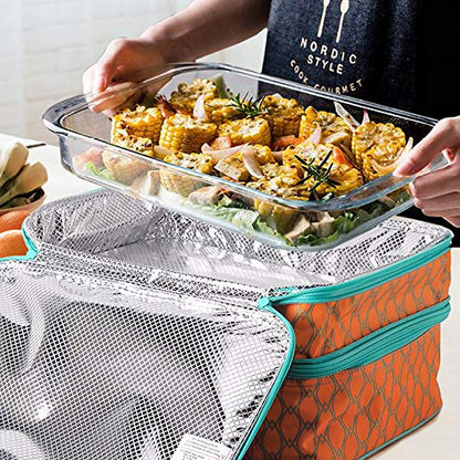  Insulated Double Casserole Carrier Thermal Lunch Tote For Potluck Parties, Picnic, Beach, Fits 9 X 13 Inches Casserole Dish, Expandable By Mid Zipper, Orange