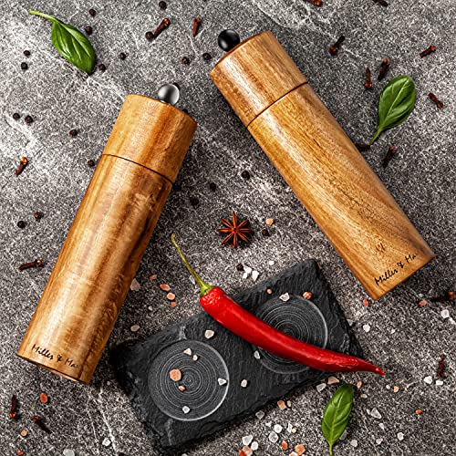  Wooden Salt And Pepper Grinder Set Whole Piece Acacia Wood Mills, 8 Inches Adjustable
