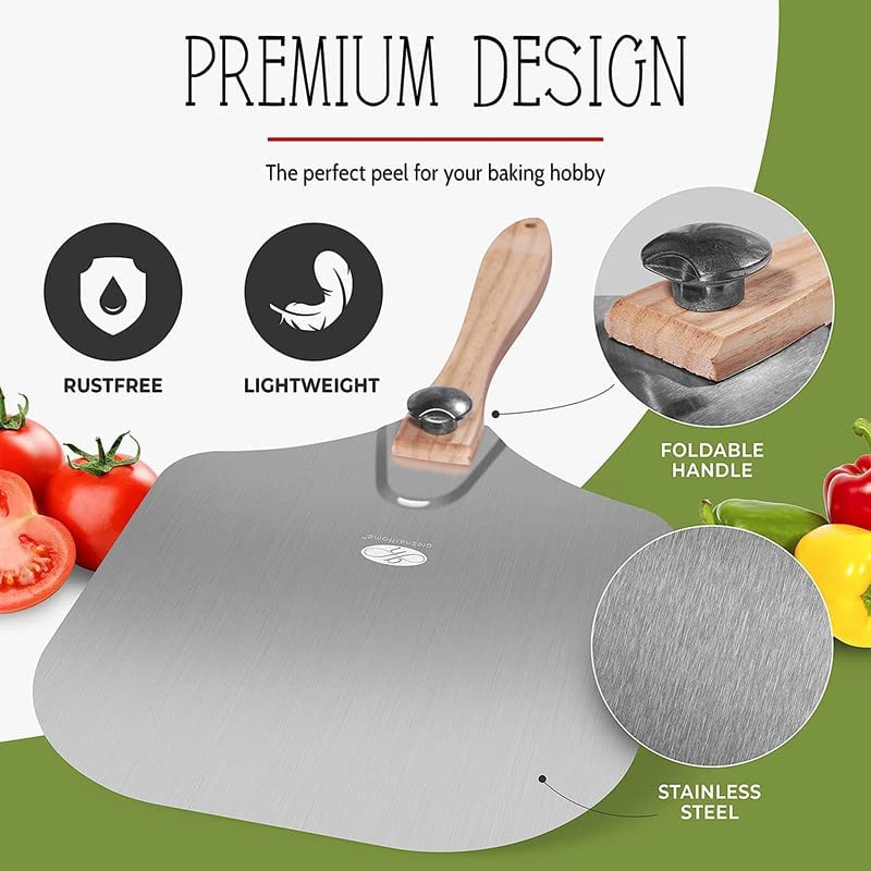 Reenerhome Pizza Peel- Paddle - Spatula - Metal- Premium Stainless Steel Pizza Peel 12 Inch- Aluminum Free Large Wood Folding Pizza Peel Long Handle For Pizza Stones Grill And Outdoor Pizza Oven