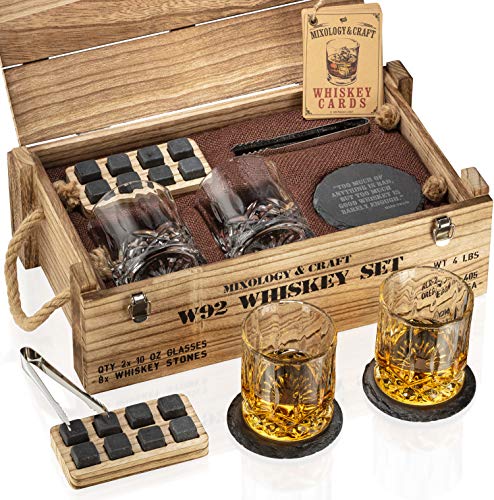  Whiskey Stones Gift Set For Men | Whiskey Glass And Stones Set With Wooden Army Crate, 8 Granite Whiskey Rocks Chilling Stones And 10oz Whiskey Glasses | Whiskey Gift For Men, Dad, Husband, Boyfriend