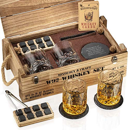  Whiskey Stones Gift Set For Men | Whiskey Glass And Stones Set With Wooden Army Crate, 8 Granite Whiskey Rocks Chilling Stones And 10oz Whiskey Glasses | Whiskey Gift For Men, Dad, Husband, Boyfriend