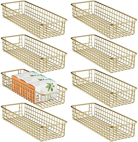  MDesign Metal Wire Food Storage Basket Organizer With Handles For Organizing Kitchen Cabinets, Pantry Shelf, Bathroom, Laundry Room, Closets, Garage - Concerto Collection - 8 Pack - Soft Brass