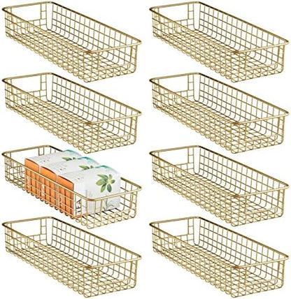  MDesign Metal Wire Food Storage Basket Organizer With Handles For Organizing Kitchen Cabinets, Pantry Shelf, Bathroom, Laundry Room, Closets, Garage - Concerto Collection - 8 Pack - Soft Brass